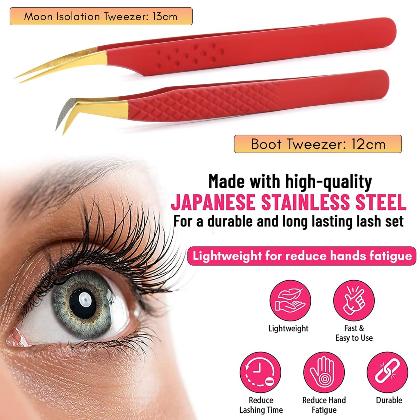 Fiber Tip Lash Tweezers Set for Eyelash Extensions Volume Tweezer and Dolphin-shaped Isolation Tweezer | 2 Pcs Stainless Steel Lash Extension Tweezers (Matte Red Gold Tip)