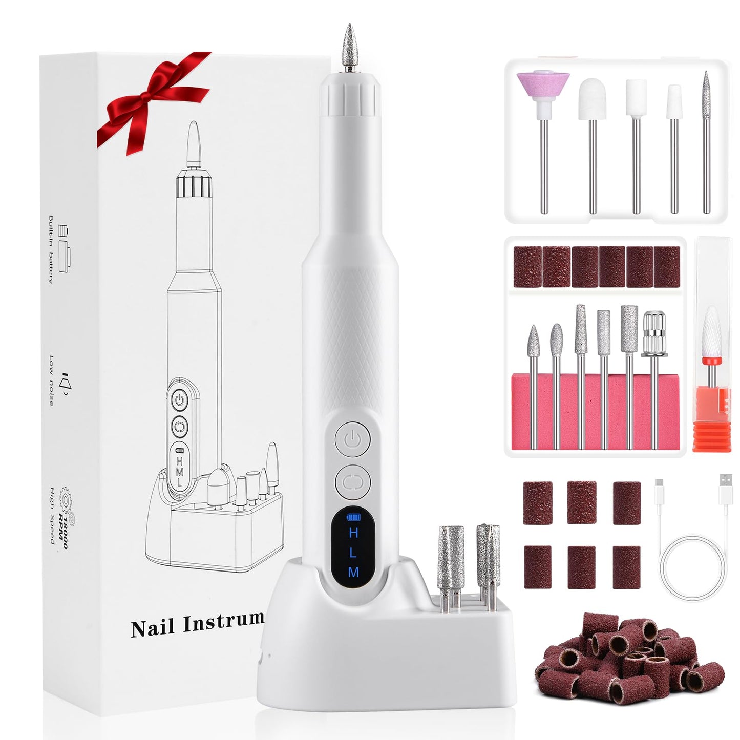 URAQT Electric Nail Drill, Nail Drill Kit Professional Nail Drill Bits Electric Nail Files Electric Nail Drill with 12 Nail Drill Bits Adjustable Speed Electric Manicure and Pedicure Set (White)