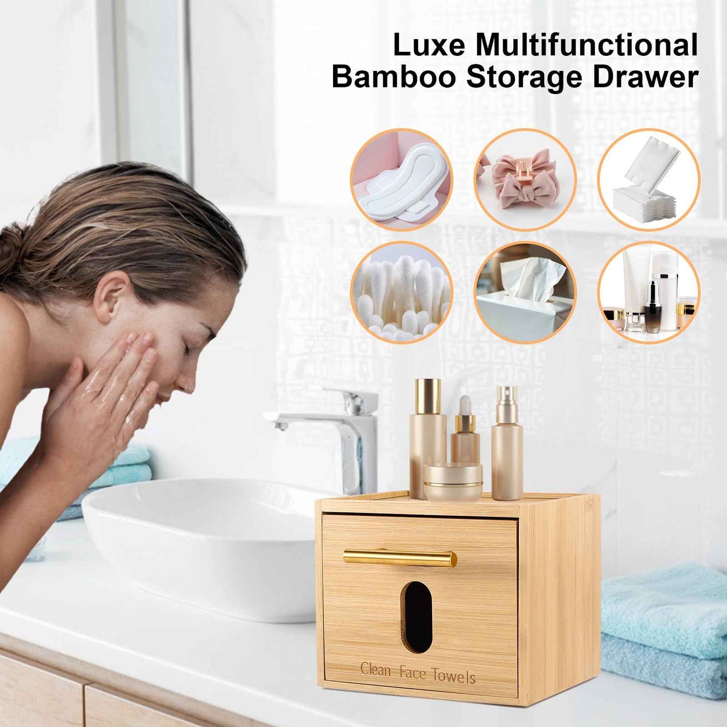 Disposable Face Towel Holder Bamboo Storage Box with 60 XL Towels, Cotton Balls Holders, Facial Towels Container Box with Drawer, Towel XL Organizer for Bathroom, Makeup Remover Dry Wipes Washcloths