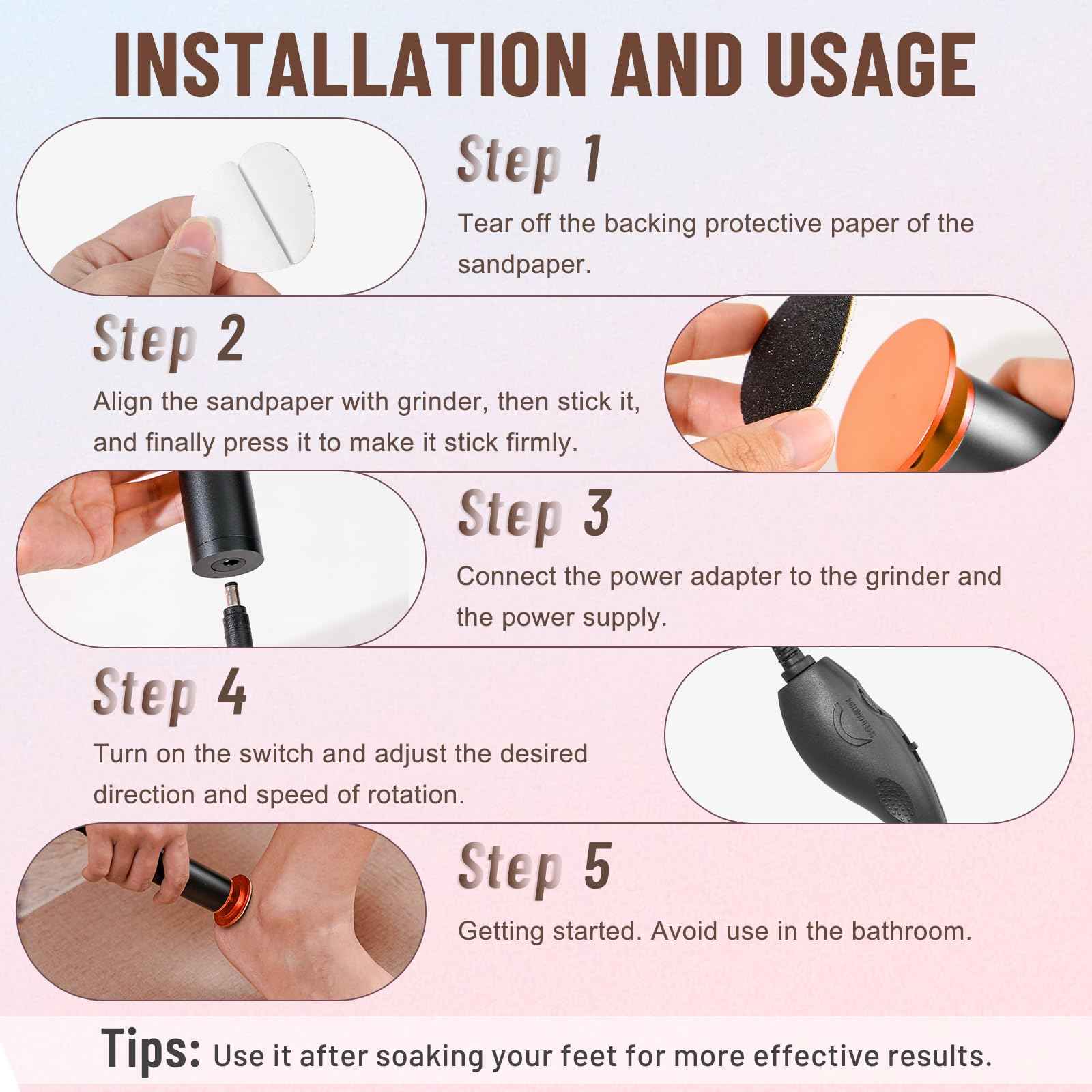 Dermawave Electric Foot File Callus Remover for Feet, Professional Foot Scrubber Sander Grinder for Dead Skin Cracked Heel, Pedicure Tool with 60 Sandpaper Discs for Men & Women