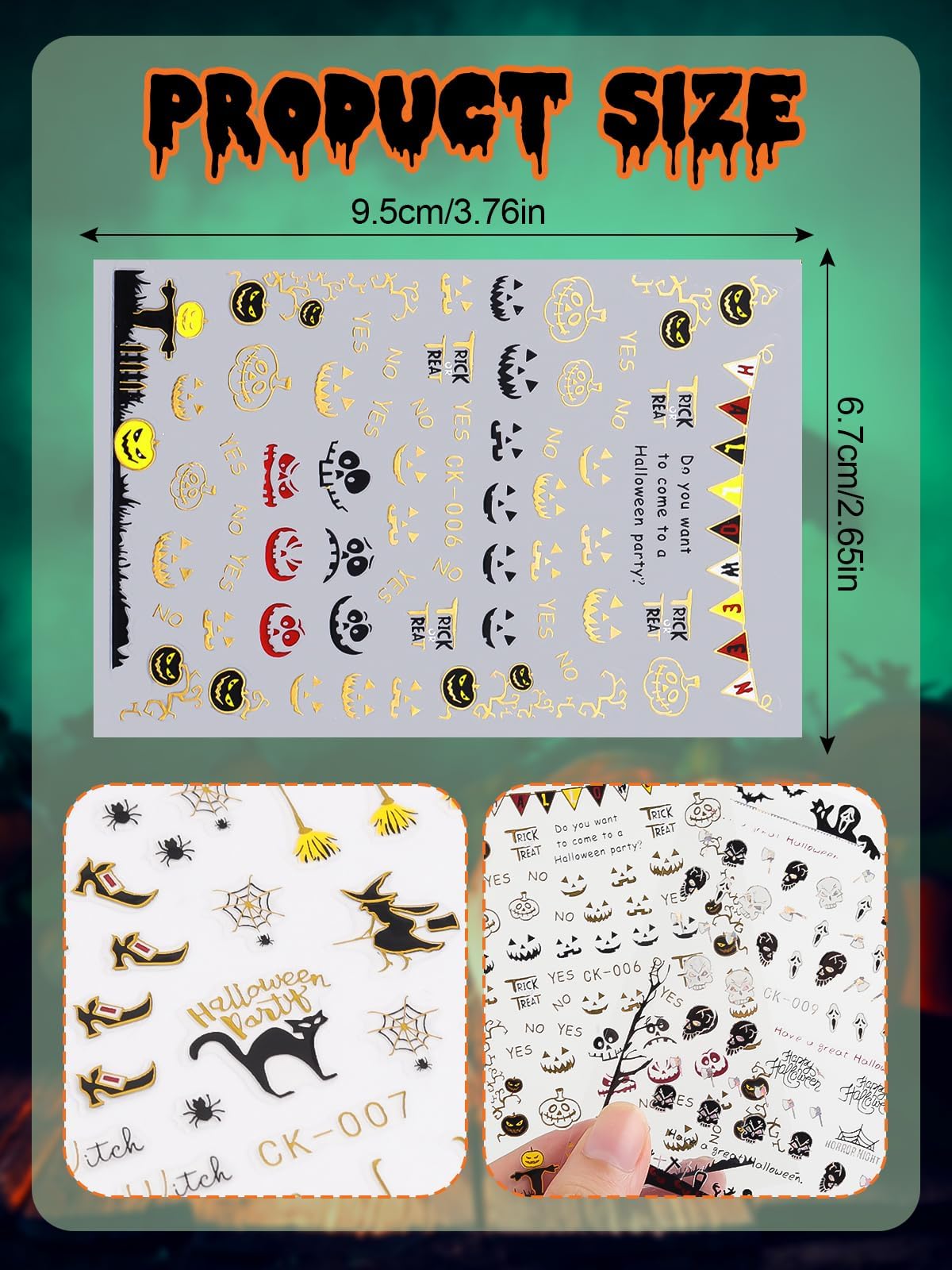 12 Sheets Halloween Nail Art Stickers Decals Press on Nails for Kids, Kalolary 3D Laser Self-Adhesive Pumpkin Witch Skeleton Nail Decals Halloween Gold and Black Colorful DIY Nail Decoration Designs