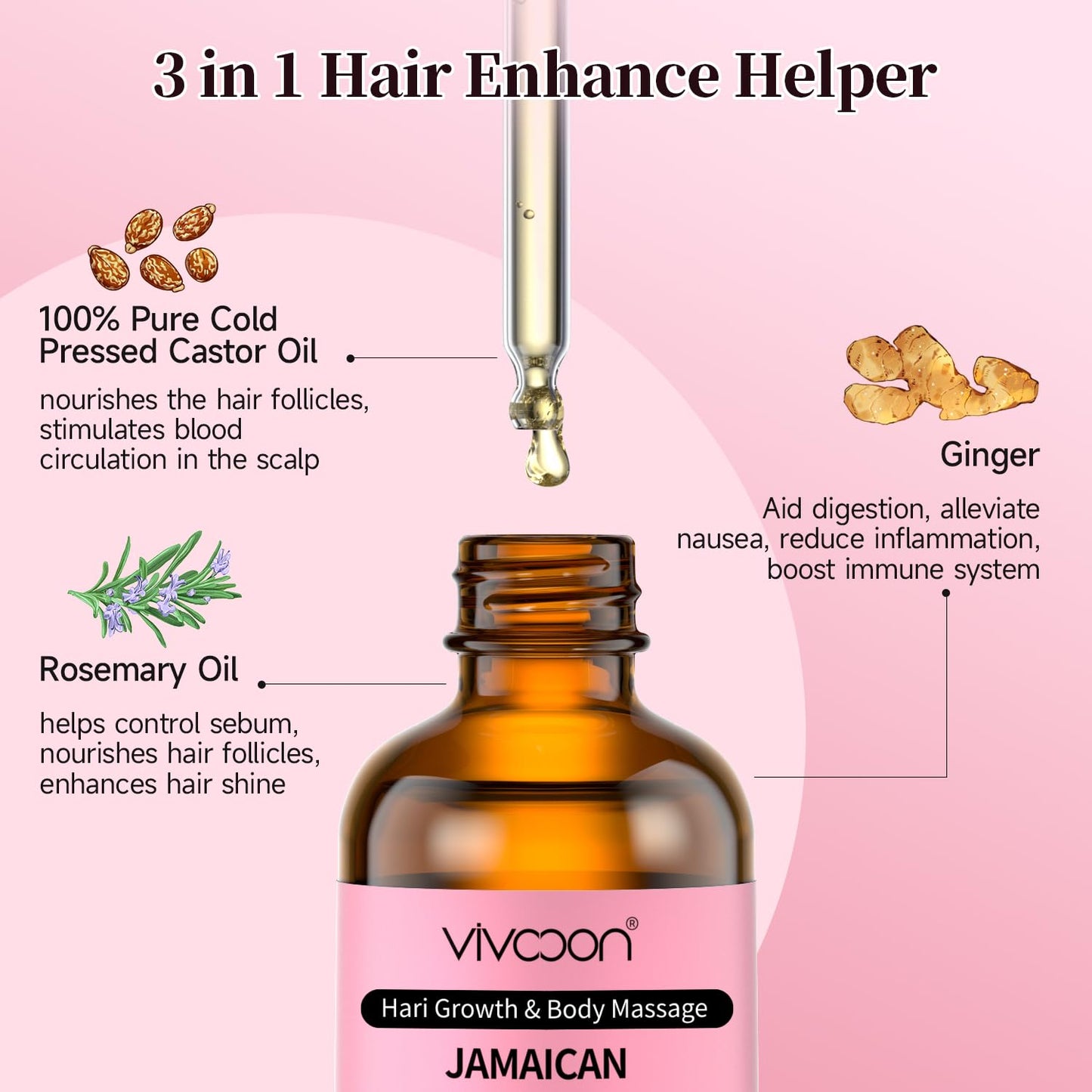 Vivccon Jamaican Black Castor Oil with Rosemary, Black Castor Oil Cold Pressed, Organic Castor Oil for Hair Growth, Eyelashes and Eyebrows Growth, Castor Oil 100% Natural & Pure