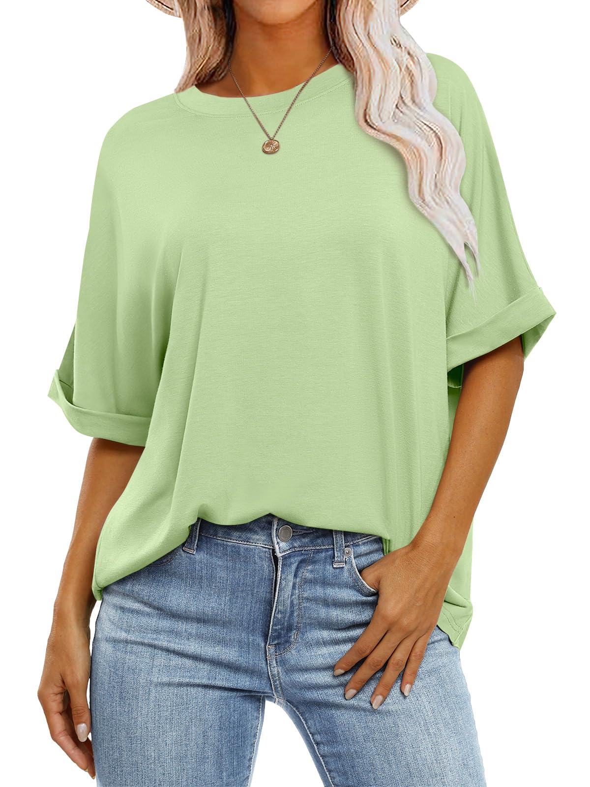 ANRABESS Women's Oversized T Shirts Short Sleeve Crewneck Summer Tops Casual Loose Basic Tee Shirts 2024 Trendy Clothes Light Green Small