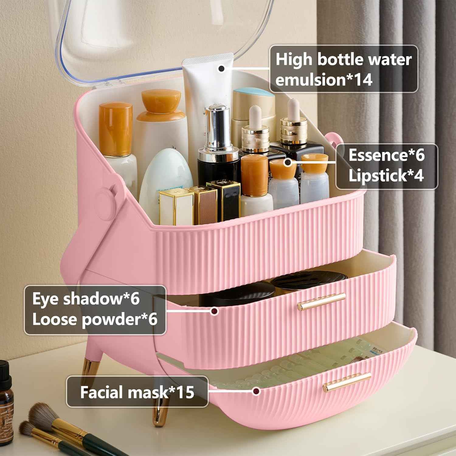 GLTAYLMY Makeup Organizer for Vanity, Cosmetics Skincare Organizers with Lid and Drawers, Cosmetic Display Cases for Countertop Bathroom Dresser, Ideal Gifts for Women