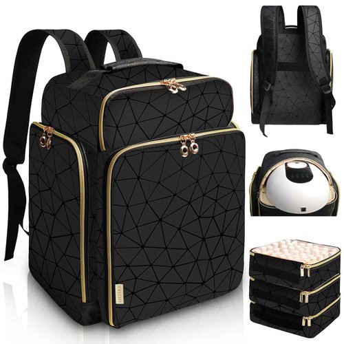 ahzske Nail Polish Organizer Backpack Holds 126 Bottles& Nail Lamp, Extra Large Nail Kit Supplies Organizer Bag with 3 Removable Cases, Portable Nail Organizers and Storage for Trave (Elegant Black)