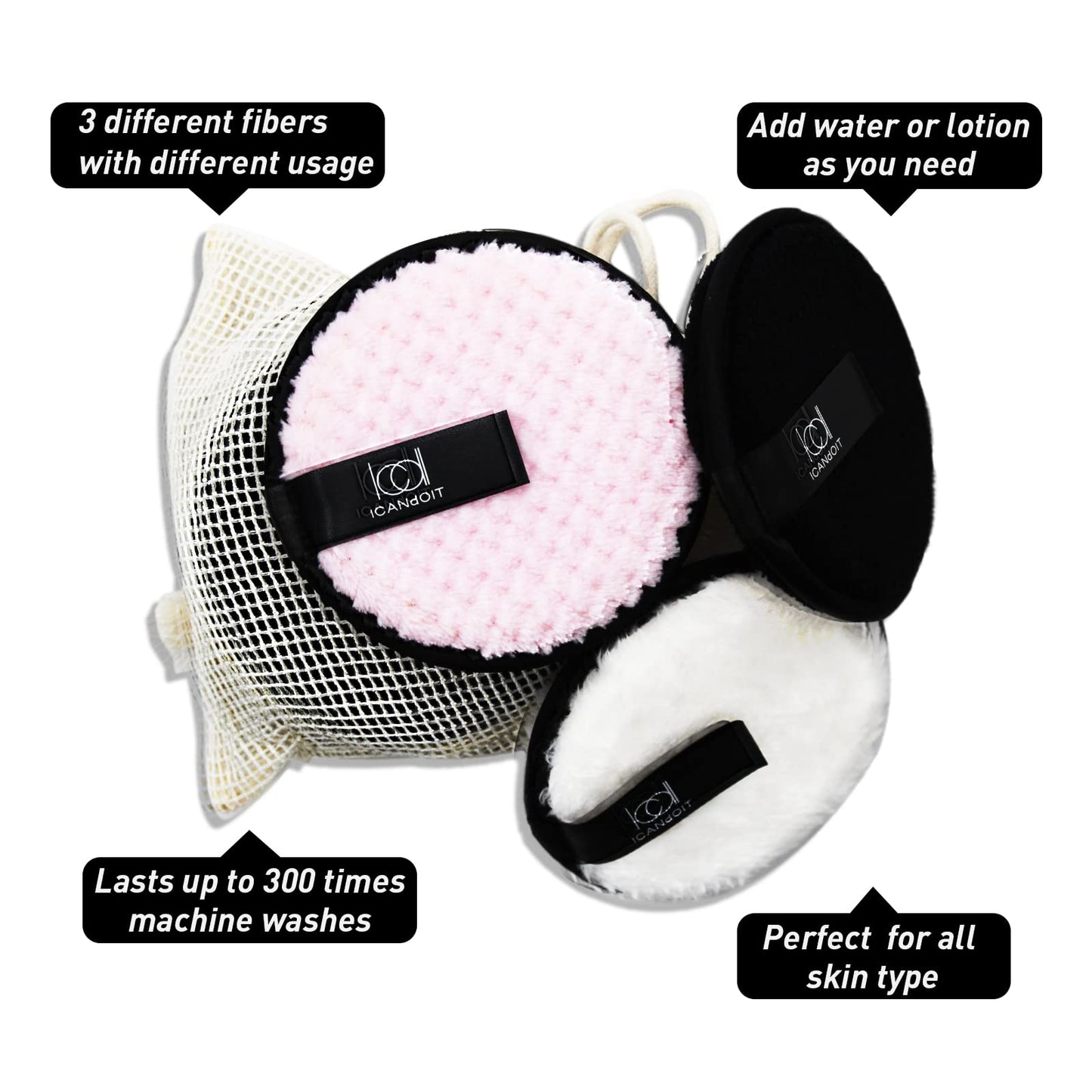 ICANdOIT- Extra Large Microfiber Reusable Makeup Remover Pads for Light&Heavy Makeup & Masks Round Makeup Remover Wipes for Blush, Eye Shadow, Foundation,Concealer (6 Pads)