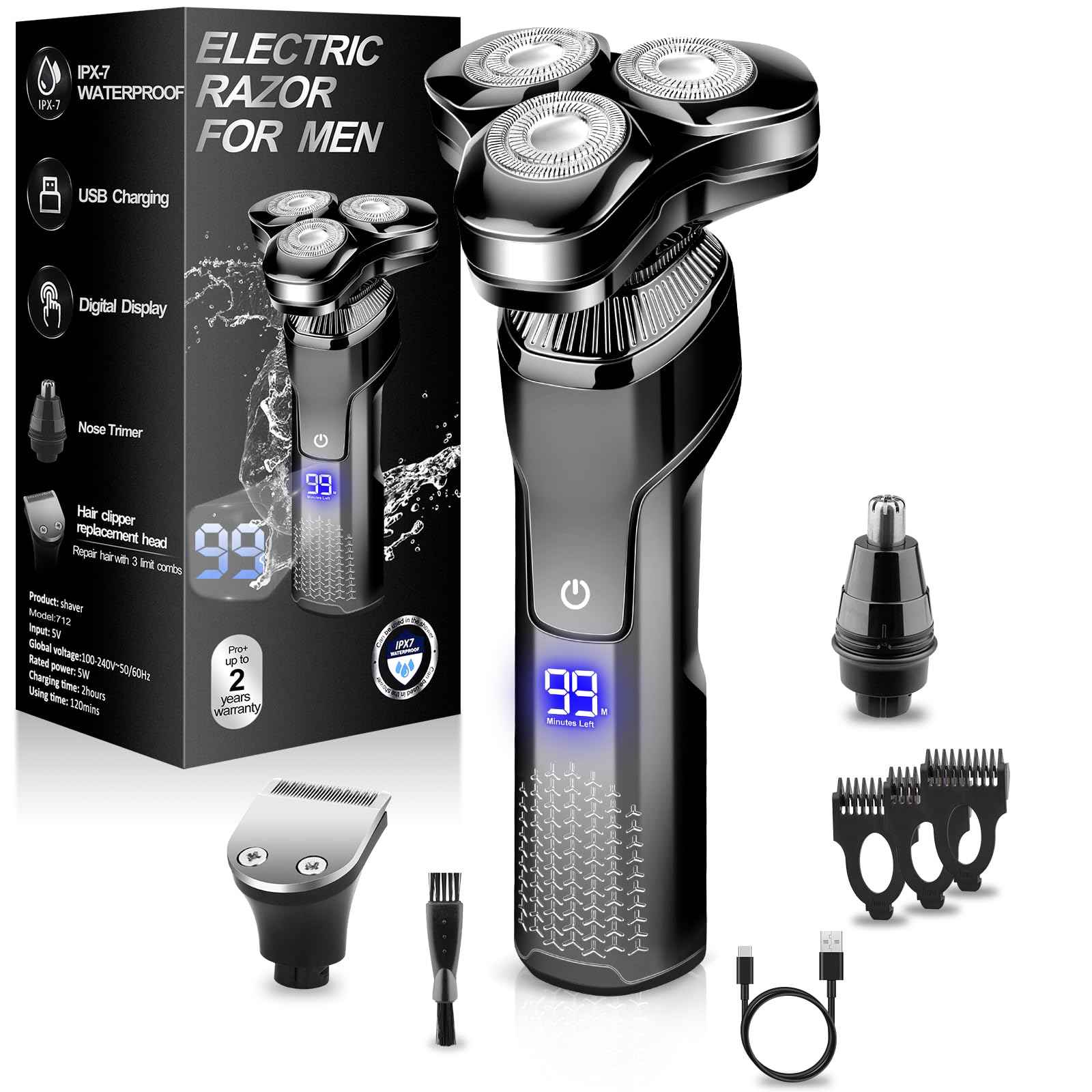 Electric Razor for Men,Upgrade Men’s Electric Shavers Rotary LED Display/Waterproof/Rechargeable, Shaver for Men Cordless Floating Head Replaceable Blades