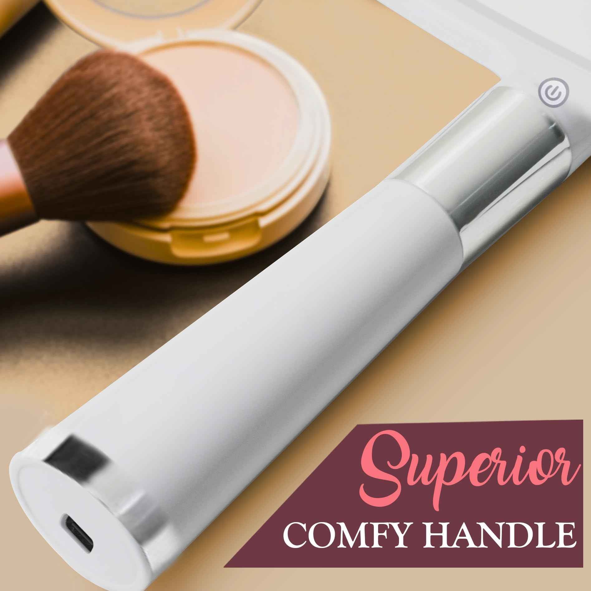 MIRRORVANA Lighted Travel Hand Mirror with Comfy Handle and Detachable Stand - Portable, Thin and Lightweight Design - Rechargeable with 3 LED Light Settings - 9" x 13" (White)