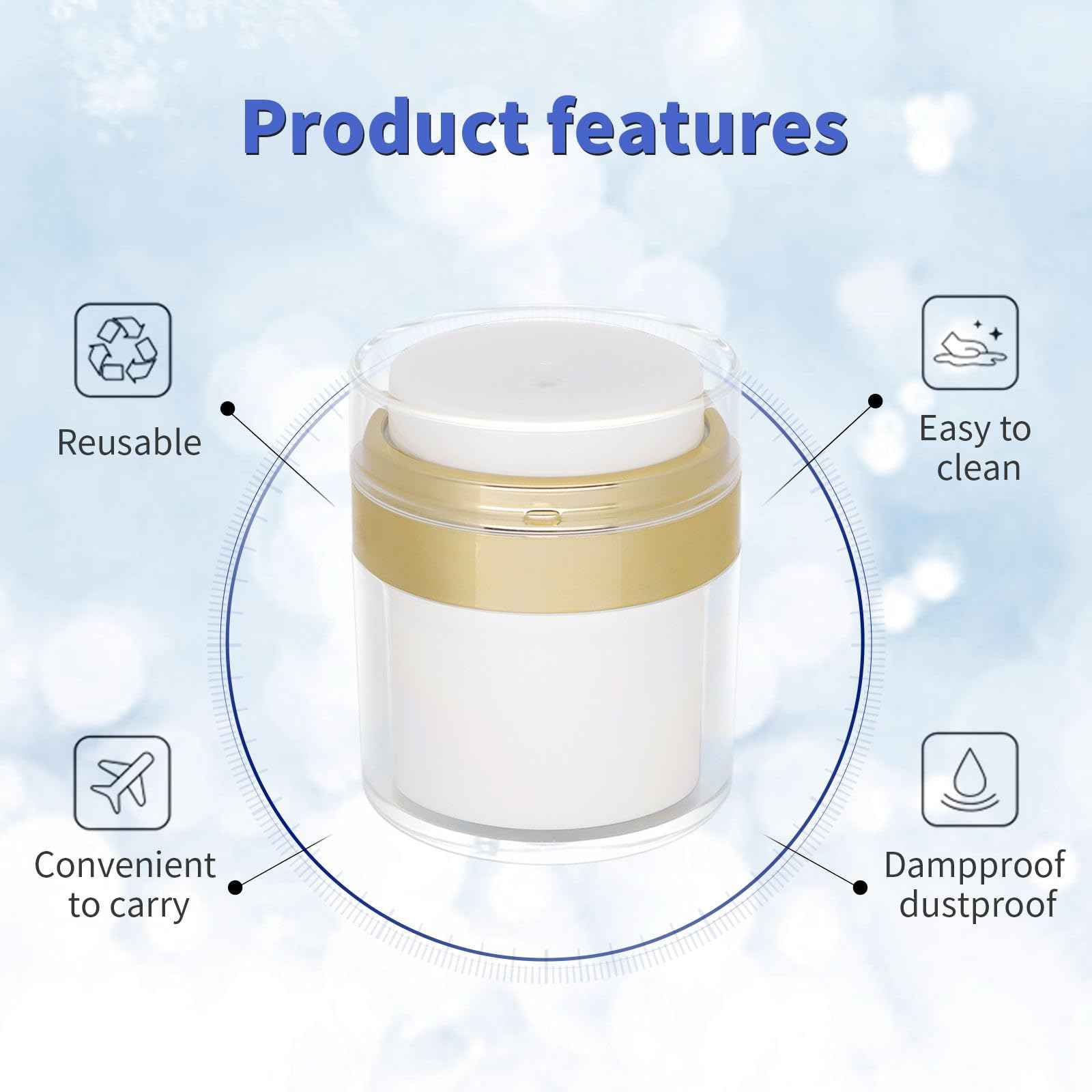 Generic Airless Pump Jars set, 0.5oz /1oz /1.7oz Empty Refillable Cosmetic Pump Jars Bottles Lotion Cream Dispenser Portable Travel Size Makeup Containers (Gold), JAR_3pack