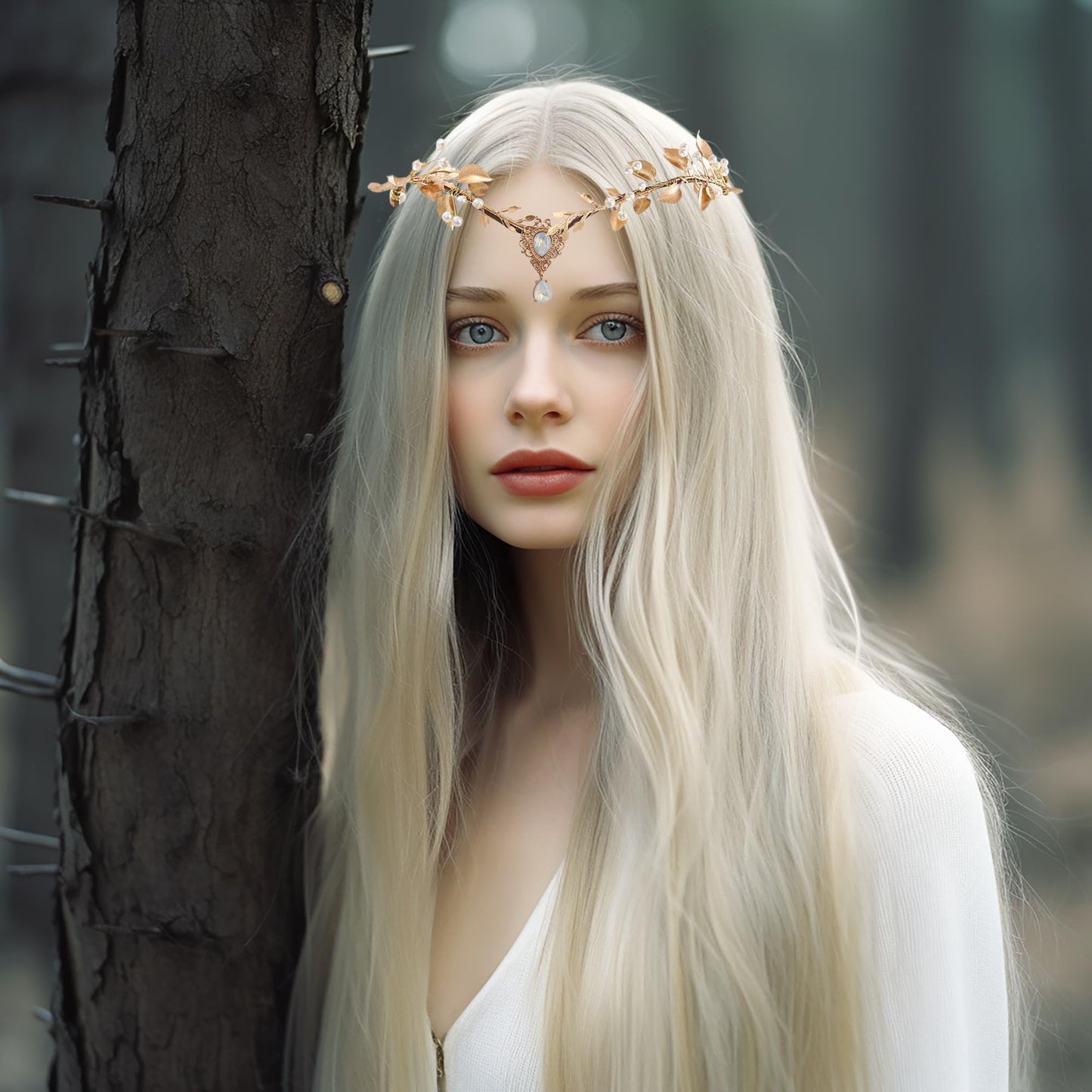 Trepveter Golden Fairy Crown Floral Headband Elf Flower Headpiece Woodland Forest Even Circlet for Women Girls Cosplay Halloween Bridal Wedding Photo Props Renaissance Prom