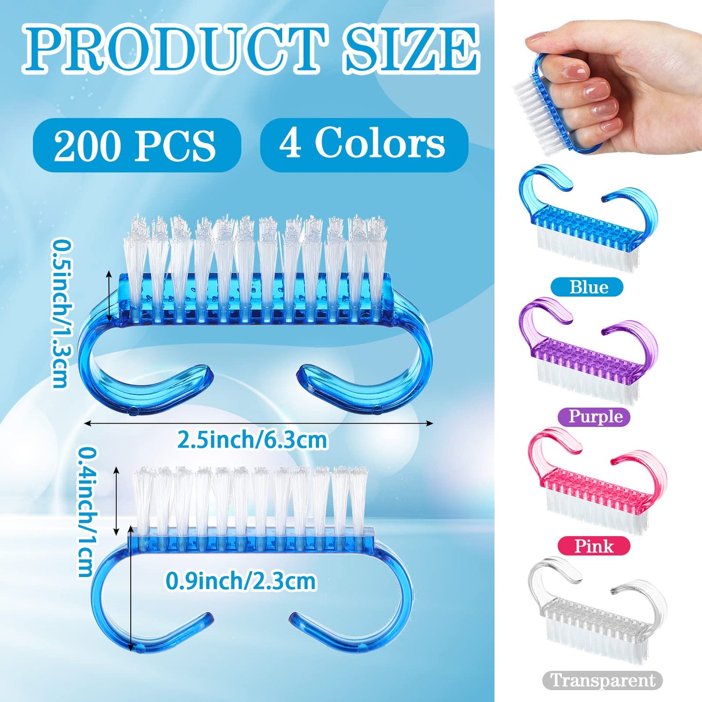 200 Pcs Handle Grip Nail Brush Fingernail Scrub Cleaning Nail Brushes Cleaner Nail Scrubber Bulk for Men Women Hands Feet Toes and Nails Pedicure, 4 Colors