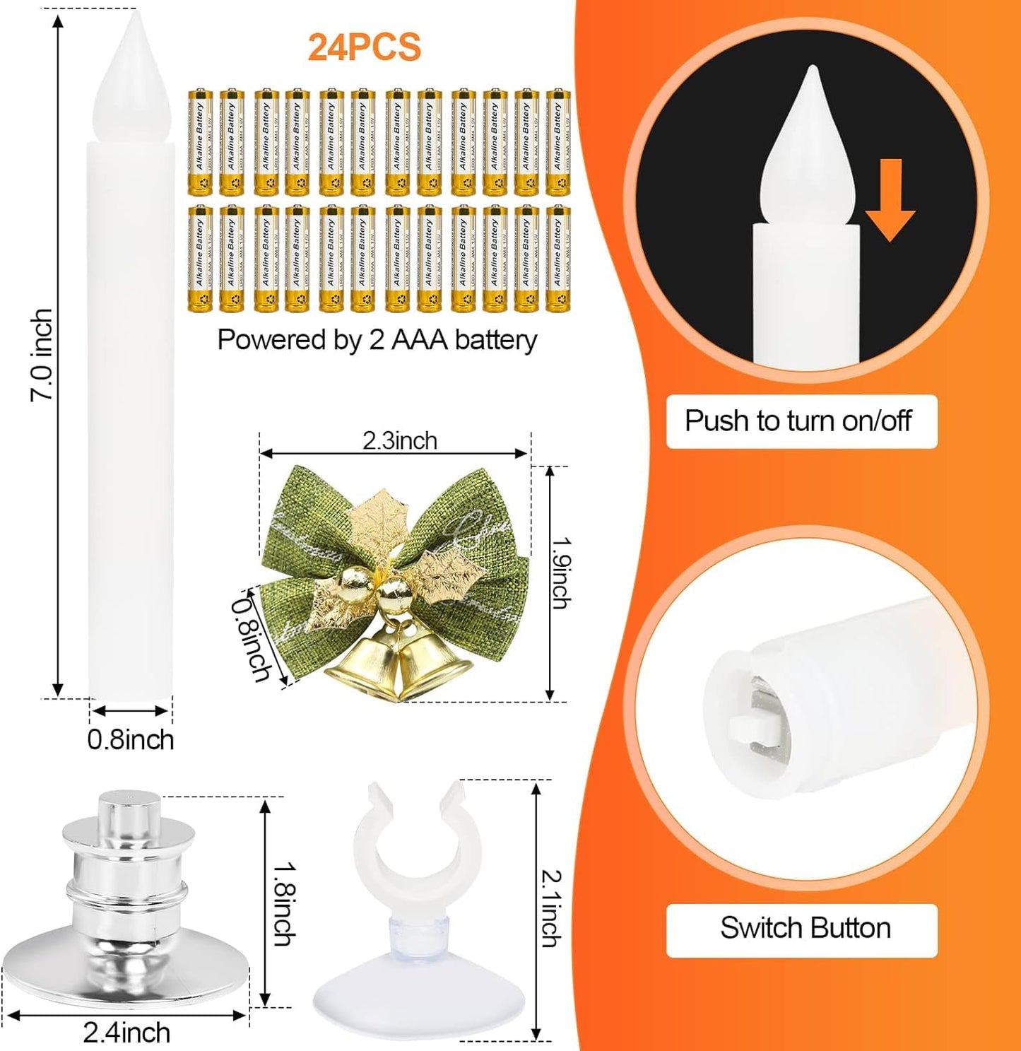 12 Pack Flameless Candles-Window Candles-LED Battery Operated Candles with Timer Remote,Sliver Candlestick, Suction Cups,24 PCS Battery Included,Christmas Bow& Gift Box