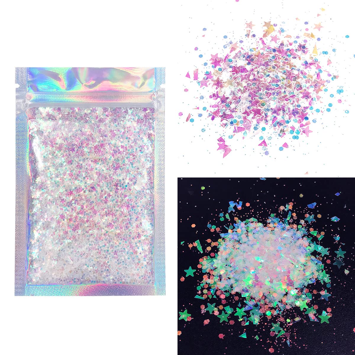 Iridescent Body Glitter - 15g Chunky Holographic Face Glitter, Hair Glitter, Eye Glitter and Body Glitter, Rave Glitter, Festival Accessories, Cosmetic Glitter Makeup. Loose Glitter Set