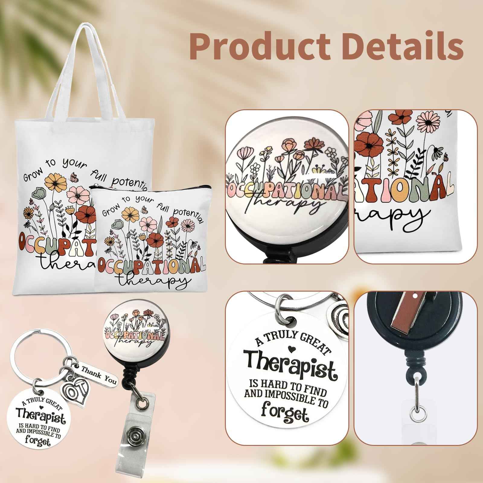 Occupational Therapy Gifts, Occupational Therapy Bag, 4 Pcs That Can Be Given to Professional Medical Practitioner, Including Tote Bag, Makeup Bag, Key Chain and Badge Holder to Show Your Appreciation