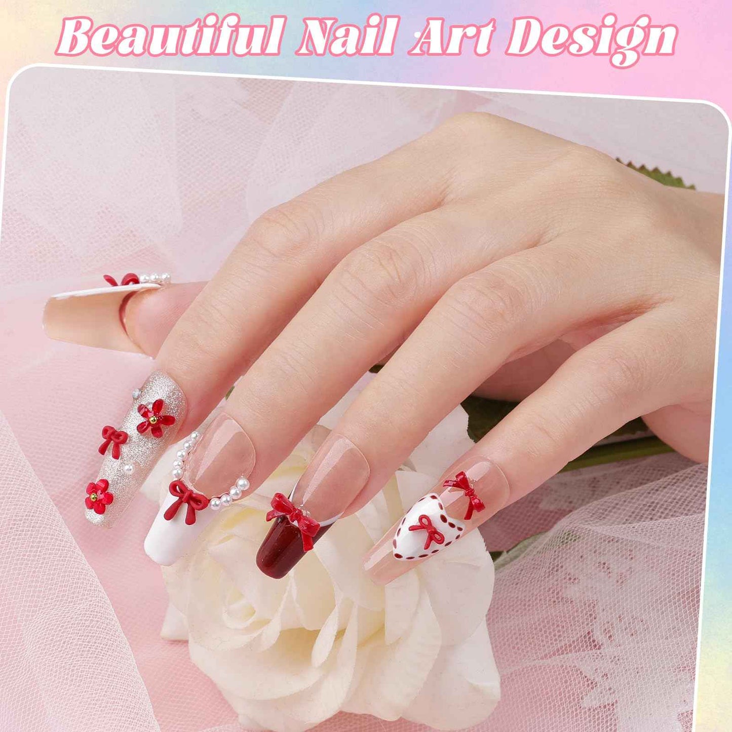 2 Boxes 3D Bow Nail Charms, Red Mini Bow Charms Transparent/Solid Resin Bow with Pickup Tools for Women Nail Decorations DIY Craft