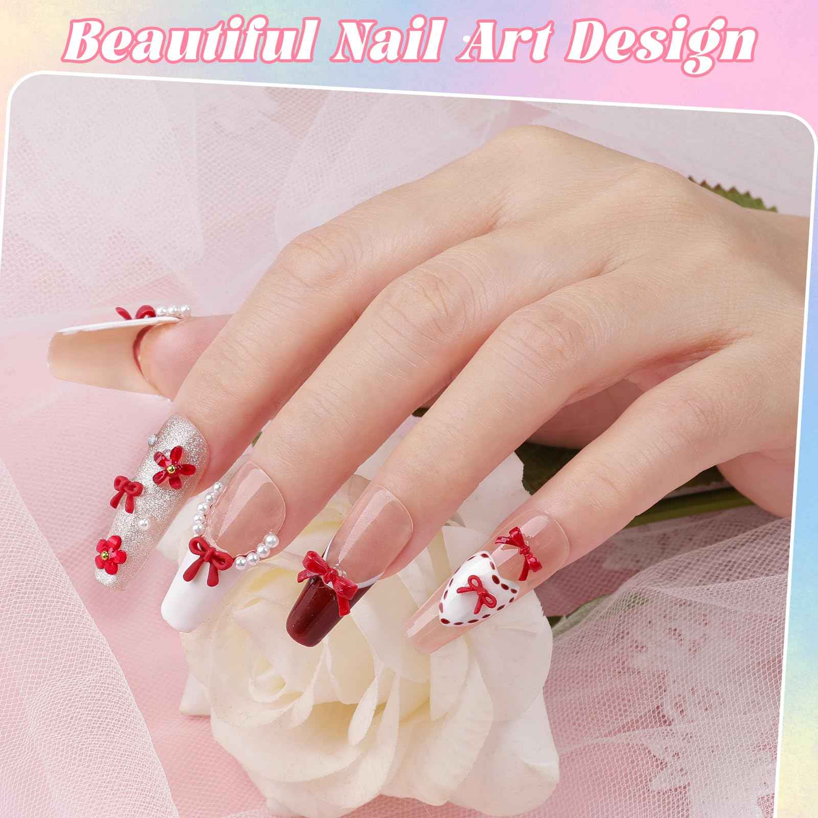 2 Boxes 3D Bow Nail Charms, Red Mini Bow Charms Transparent/Solid Resin Bow with Pickup Tools for Women Nail Decorations DIY Craft
