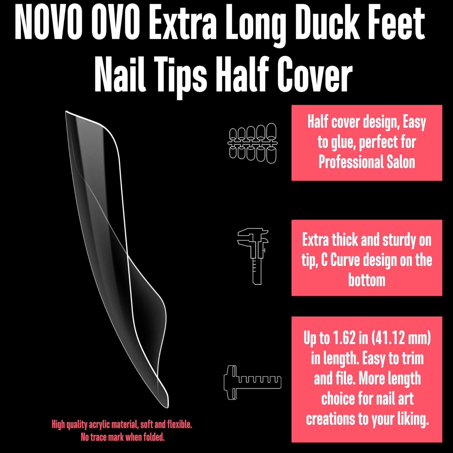 NOVO OVO 110 pcs Extra Super Long Duck Feet Nail Tips Half Cover for Press On Acrylic, Clear XXL XXXL Y2K Wide French Winter Flare Nail Soft Gel Extension for Salon DIY x 11 Sizes