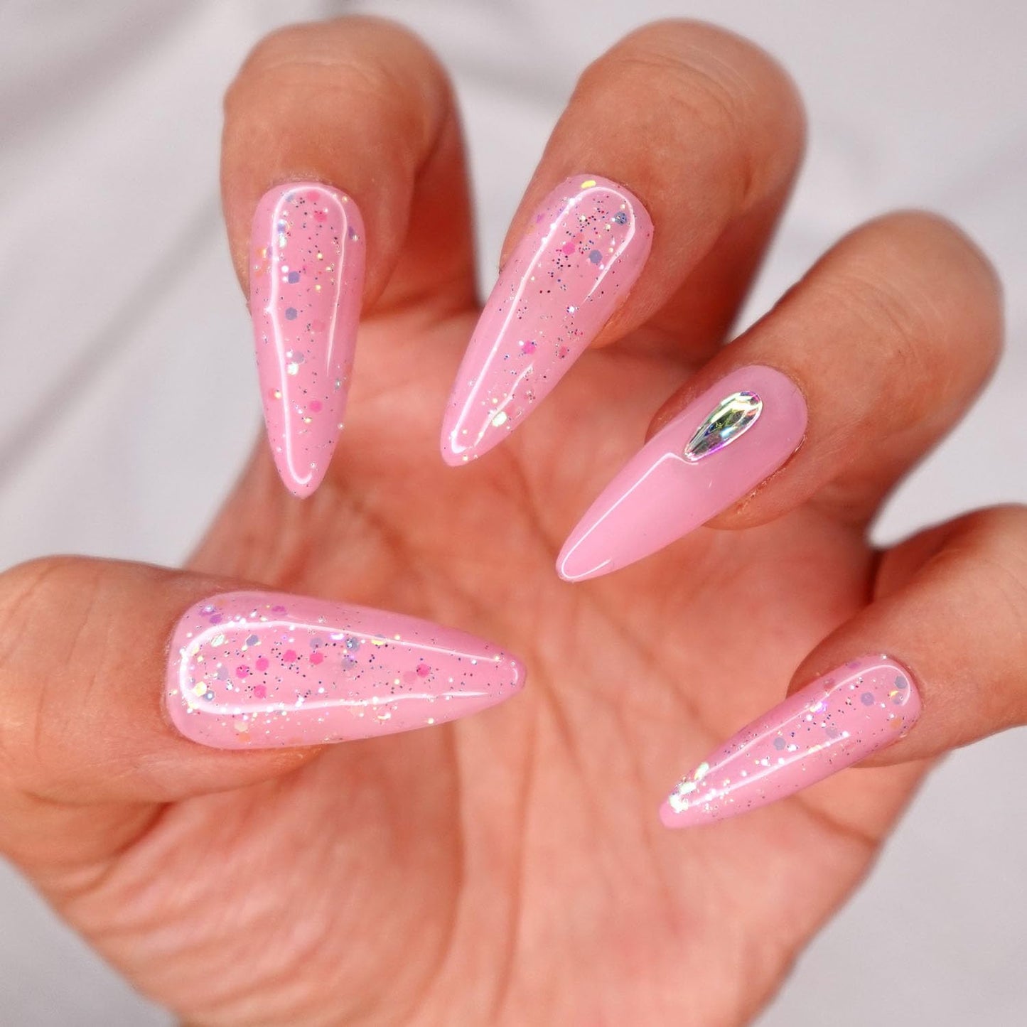 10 Pcs Handmade Press on Nails (X-Small, Girly Pink Bling - Light Pink with Multi Color Hue Chunky Glitter Mix and Holo Teardrop Rhinestone Bling Out/Stiletto) A114XS