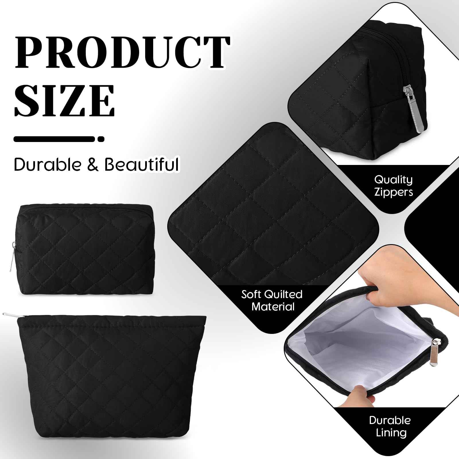 Huhumy 2 Pcs Pencil Case Quilted Makeup Bag Aesthetic Cosmetic Pouch for Women Puffer Travel Toiletry Bag Set Cotton Small Purse Pouch Makeup Organizer with Zipper(Black)