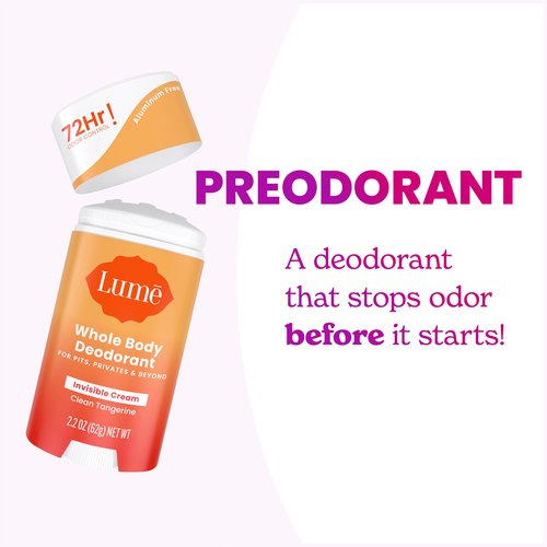 Lume Whole Body Deodorant - Invisible Cream Stick - 72 Hour Odor Control - Aluminum Free, Baking Soda Free, Skin Safe - 2.2 Ounce (Pack of 2) (Clean Tangerine)