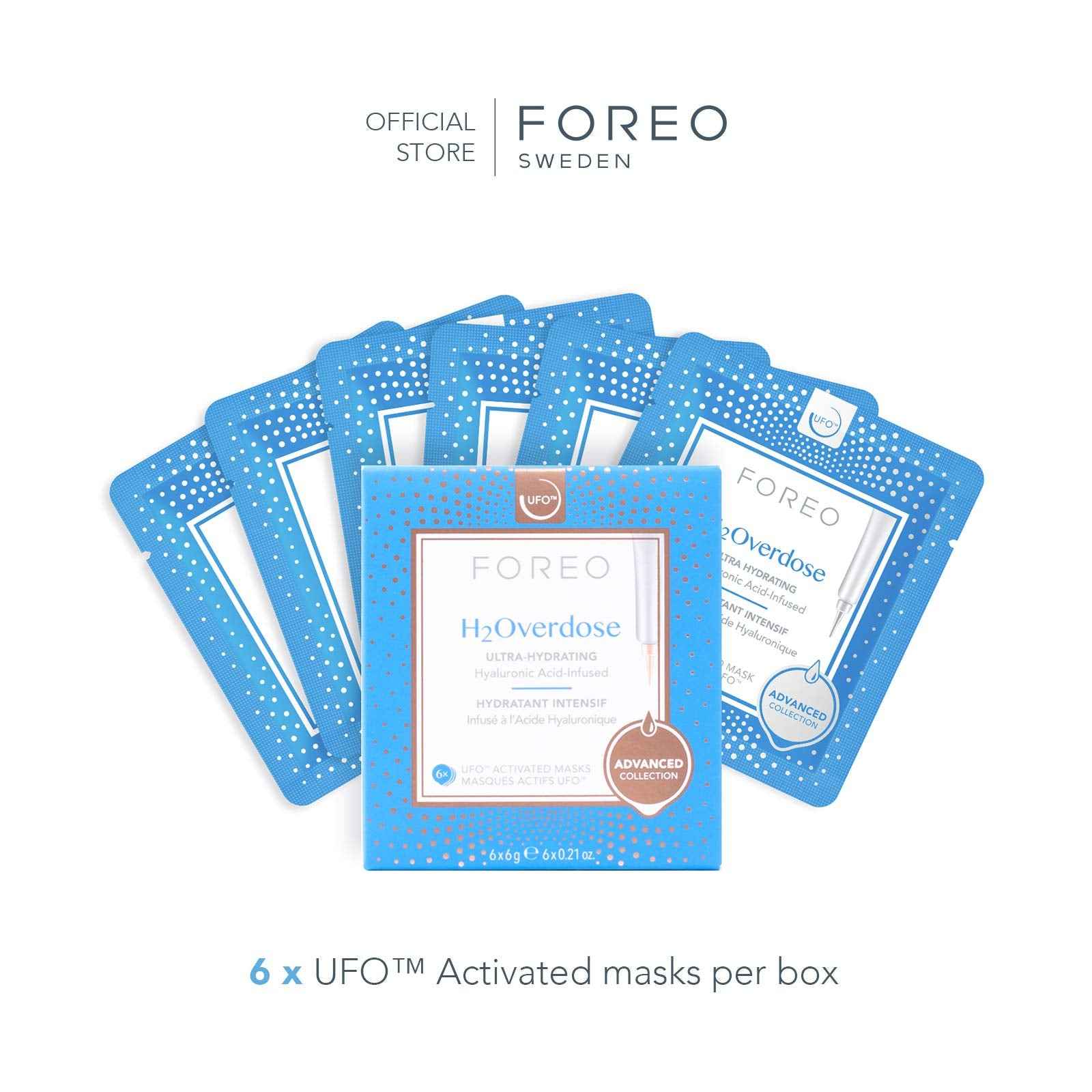 FOREO H2Overdose Advanced Collection 2.0 UFO-Activated Facial Mask - Hydrating Facial - Beauty & Personal Care - Hyaluronic Acid & Vitamin E - For All Skin Types - Dry skin & Flaky Skin - 6 pcs in pack
