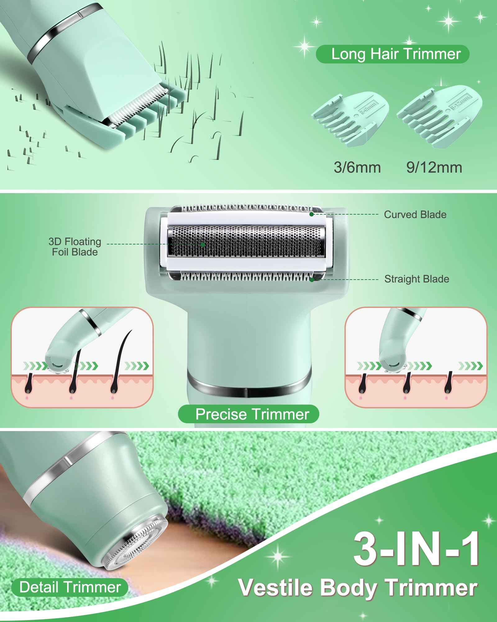 Electric Shaver for Women,3-in-1 Bikini Trimmer for Women & Body Shaver, IPX7 Waterproof,Hypoallergenic Ceramic Blades,USB-C Fast Charging,Travel Trimmer for Face, Legs,Bikini Line & Foil,Green