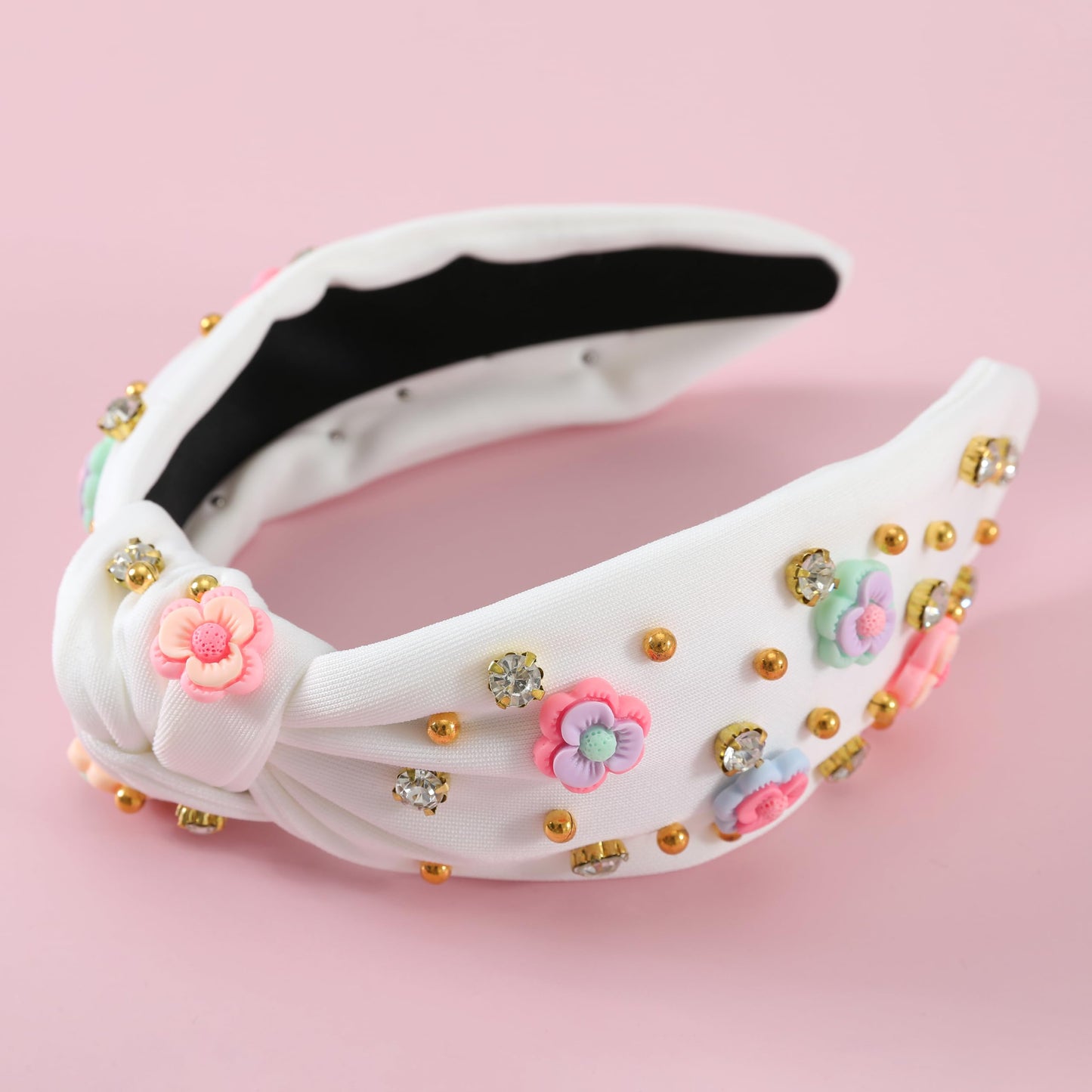 Gmmidea Flower Knotted Headbands for Women Sparkly Beaded Crystal Floral Headband Wide Top Knot Fancy Embellished Hairband Fashion Girls Summer Holiday Hair Accessories B-White