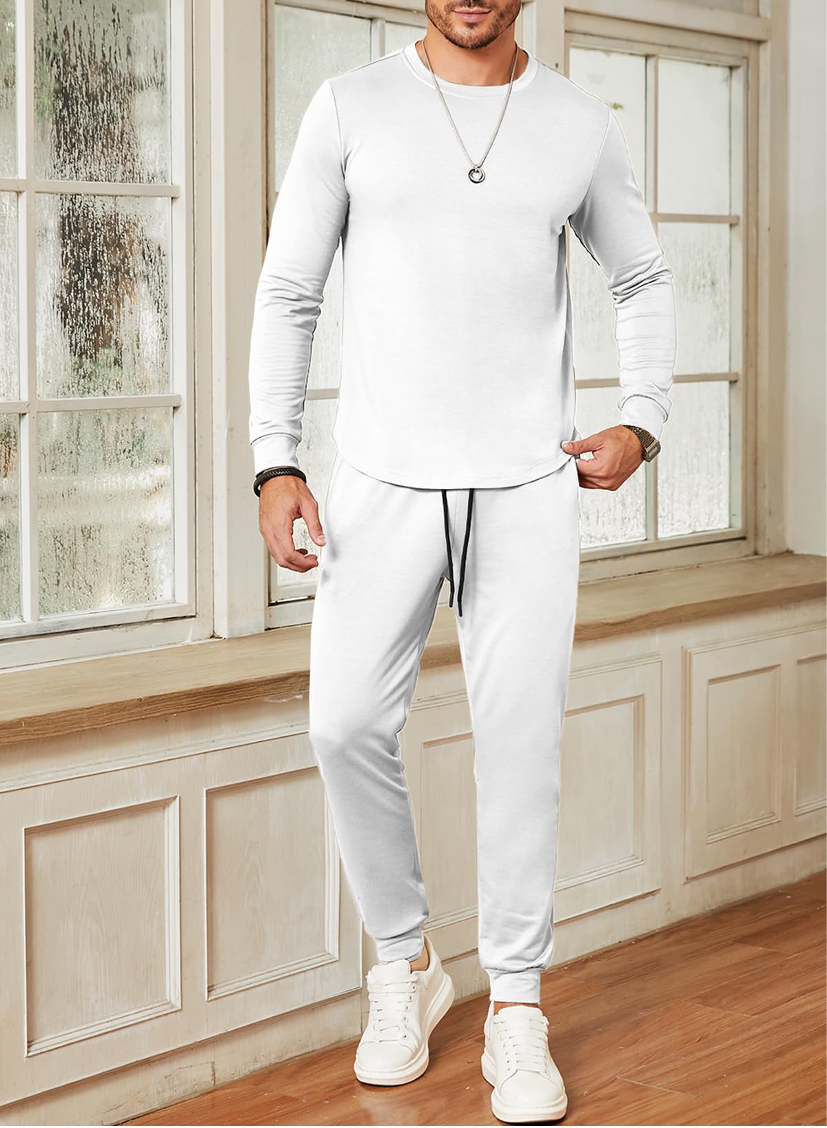 JMIERR Sweatsuits for Men Set 2 Piece Airport Outfits Long Sleeve Cotton Pullover Sweatshirt & Joggers Sweatpants, Fall Tracksuit Matching Lounge Sets, L, B White