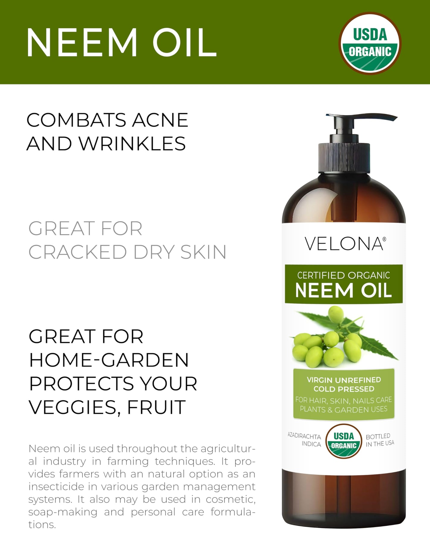 velona Neem Oil USDA Certified Organic - 16 fl oz | 100% Pure and Natural Carrier Oil | Virgin, Unrefined, Cold Pressed | Hair, Body and Skin Care | Use Today - Enjoy Results