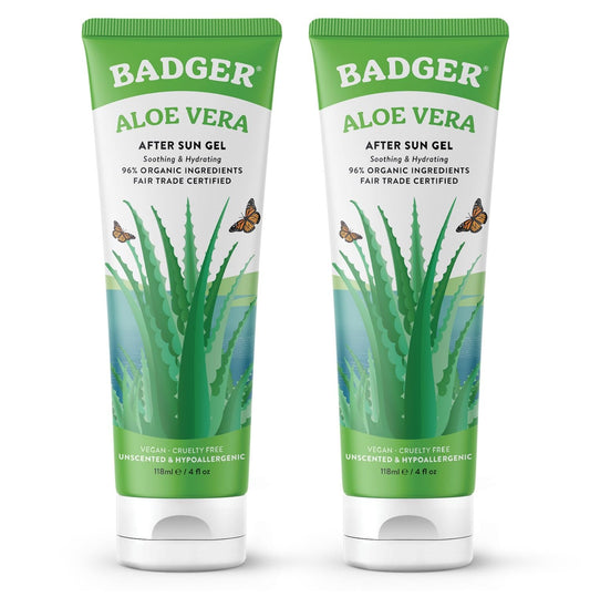 Badger Aloe Vera Gel for Sunburn Relief, Fair Trade & Organic After Sun Care, Pure Cooling Soothing Aloe Vera Gel for Face & Skin, Hypoallergenic & Unscented, 4 fl oz (2 Pack)