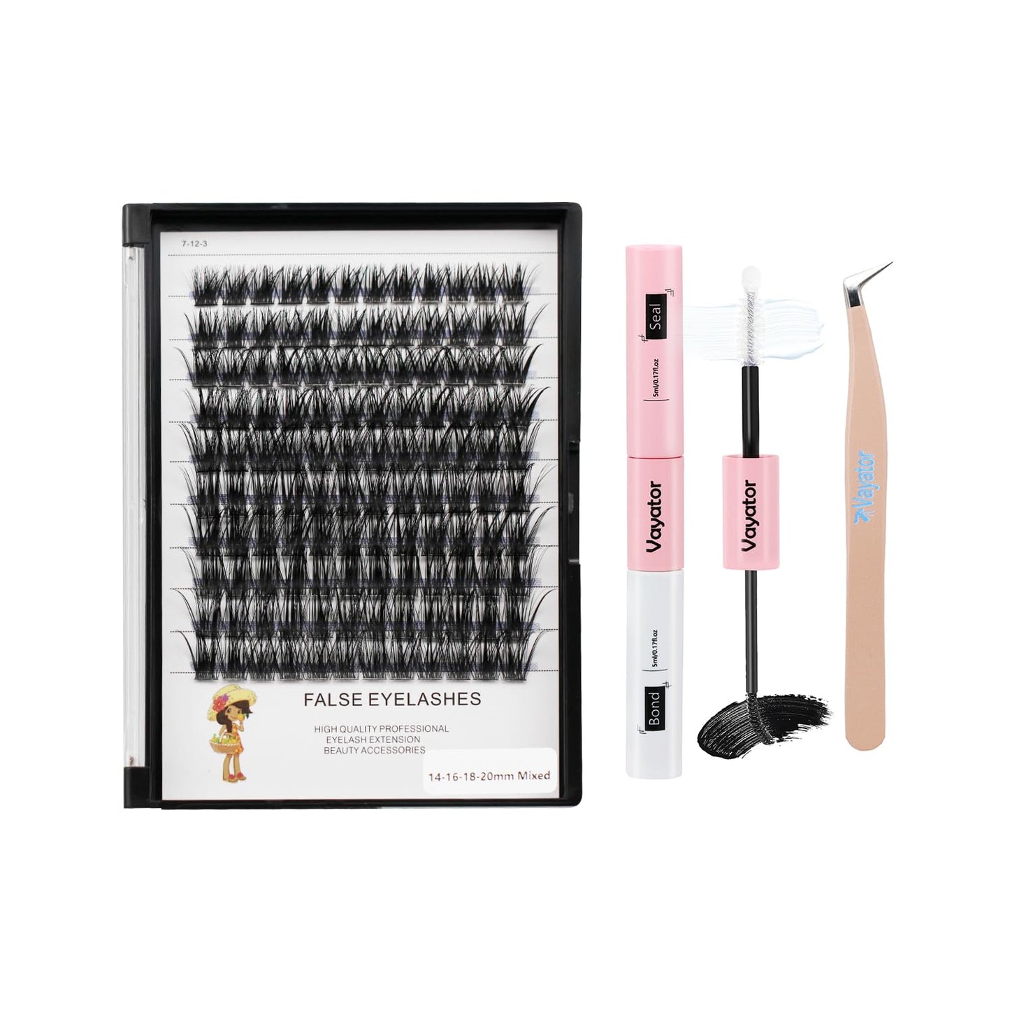 Vayator Mixed Size Kit with Applicator and Lash Bond & Seal 8-14mm/10-16mm/14-20mm Mix D Curl/DD Curl Makeup Cluster Grafting Eyelashes Individual Extension (E#12-14-16-18mm Mixed)