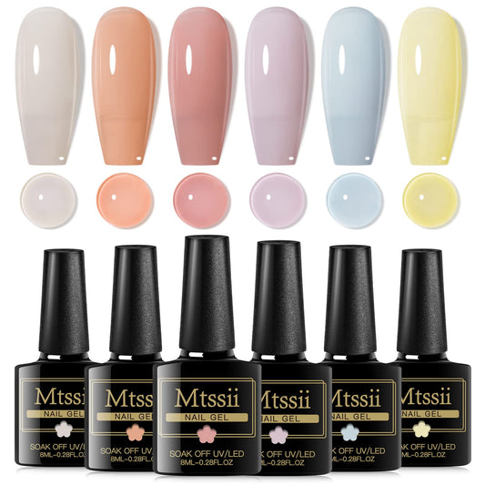 MTSSII Gel Nail Polish Kit, 6 PCS Jelly Translucent Gel Nail Polish Sock Off UV/LED Gel Nail Polish Lamp Cured, 8 ml/0.28 FL.OZ (Jelly Gel Nail Polish)