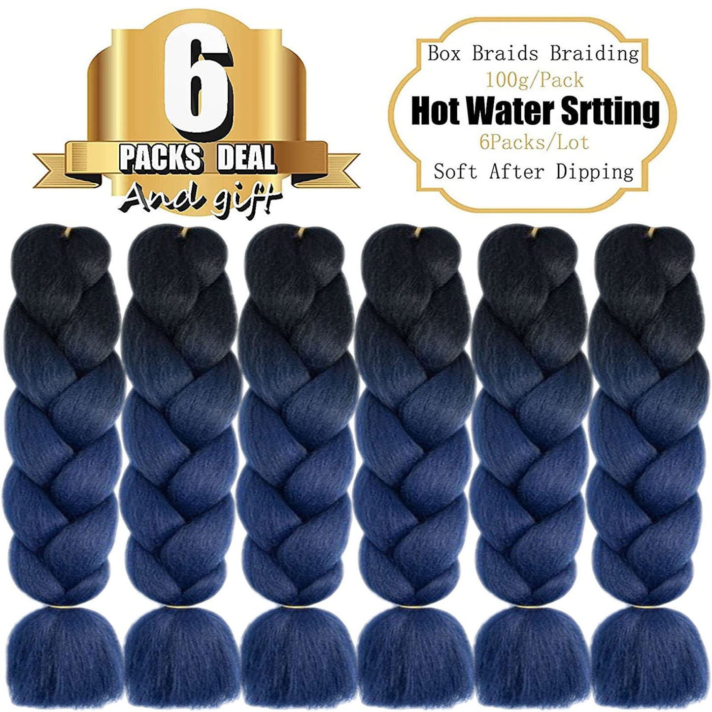 TENGSHUO FLY Black to Dark Blue Braiding Hair 6 Packs Synthetic Braid Hair Extensions Jumbo Ombre Braiding Hair 24 Inch or Box Braids Twist Crochet Braids(24"6Pack,Black to Dark Blue)