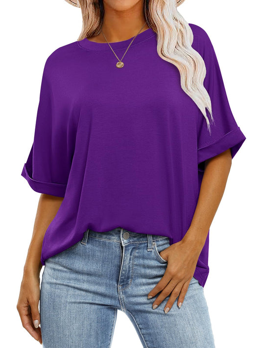 ANRABESS Women's Oversized T Shirts Short Sleeve Crewneck Summer Tops Casual Loose Basic Tee Shirts 2024 Trendy Clothes Dark Purple Small