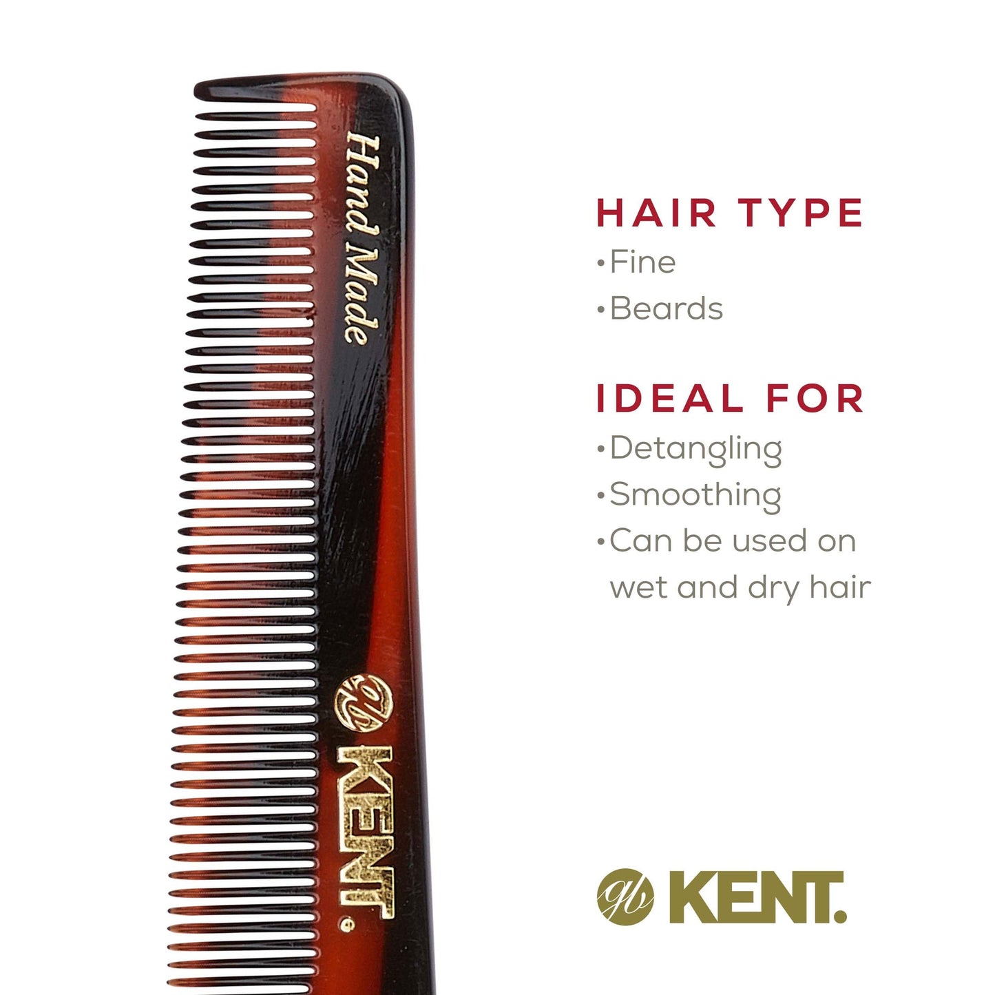 Kent Handmade Fine Tooth Hair and Mustache Comb for Men with Thumb Grip, Saw Cut and Polished - For Styling and Pocket, Made in England