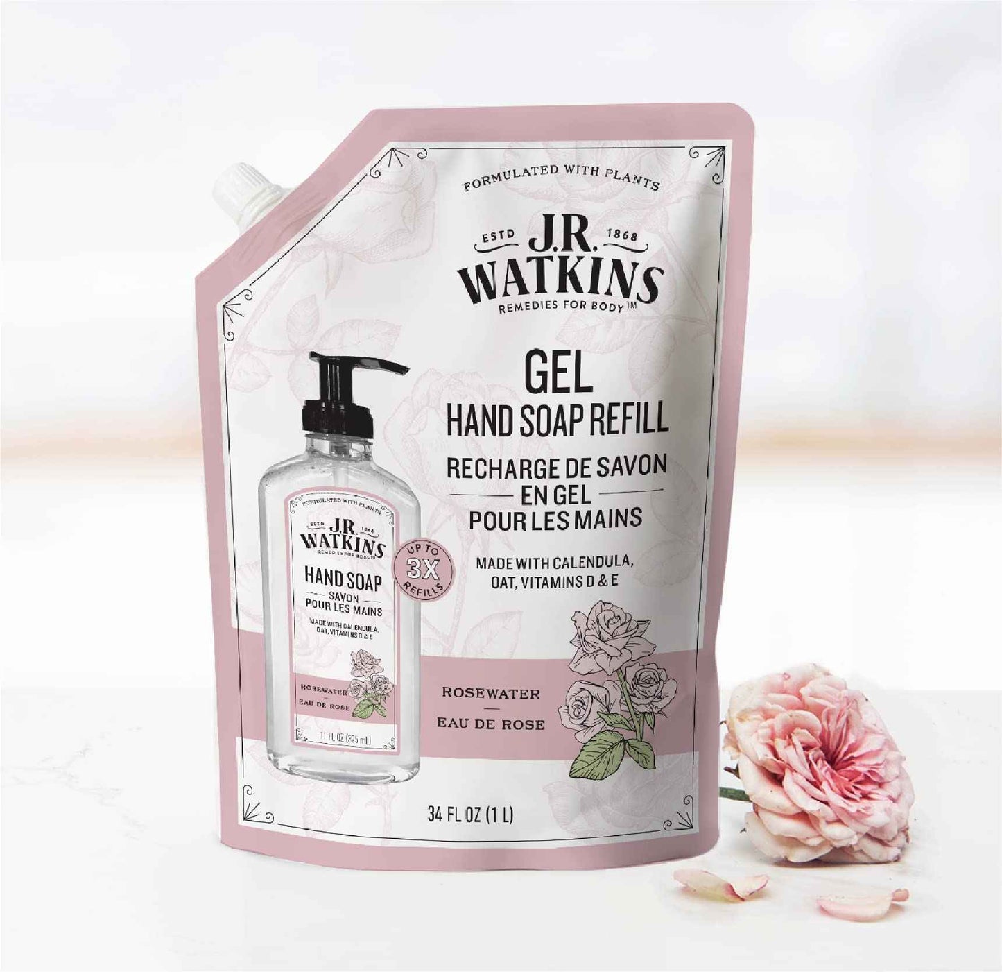 J.R. Watkins Rosewater Liquid Hand Soap Refill Pouch 1 L