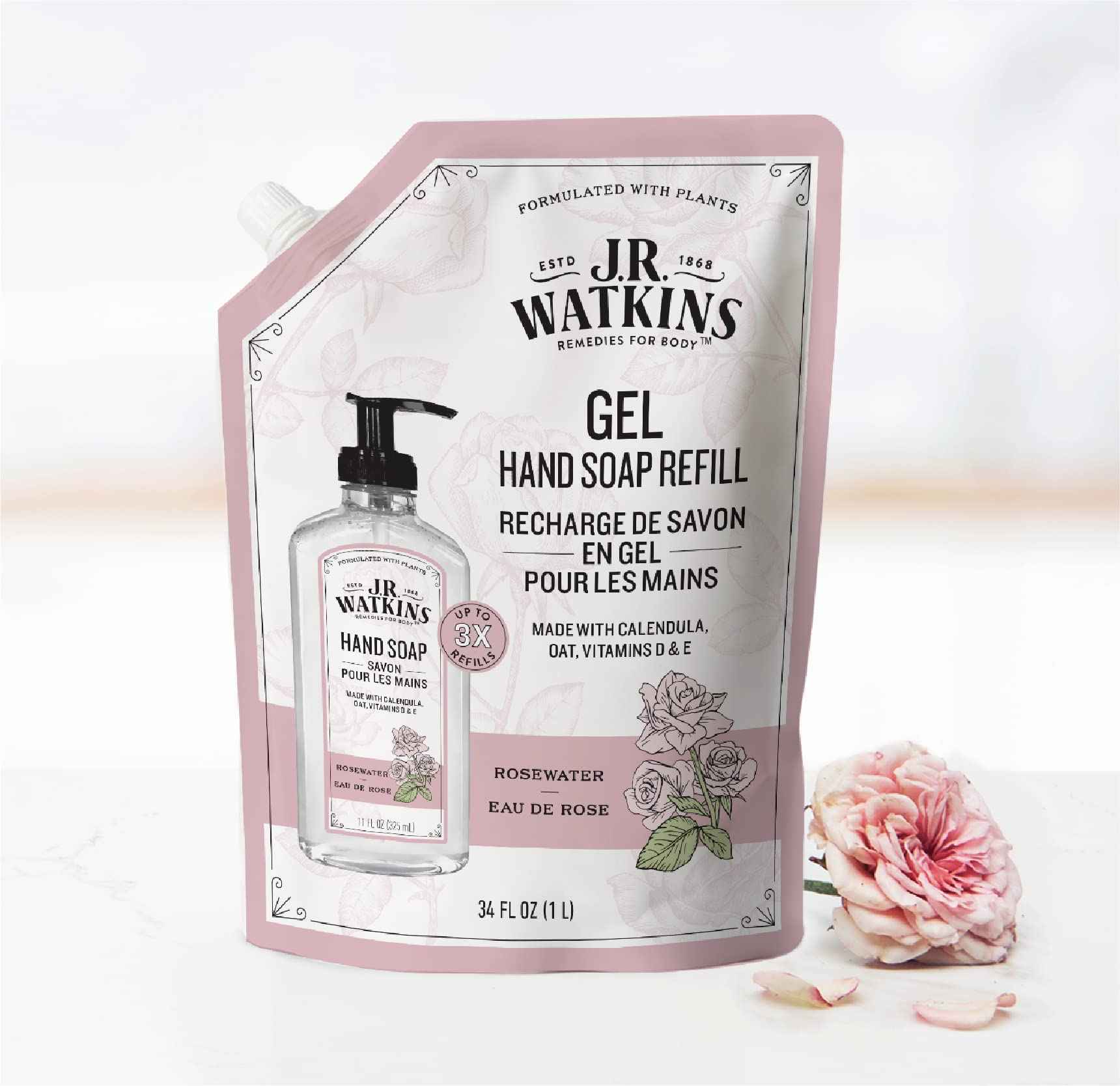 J.R. Watkins Rosewater Liquid Hand Soap Refill Pouch 1 L