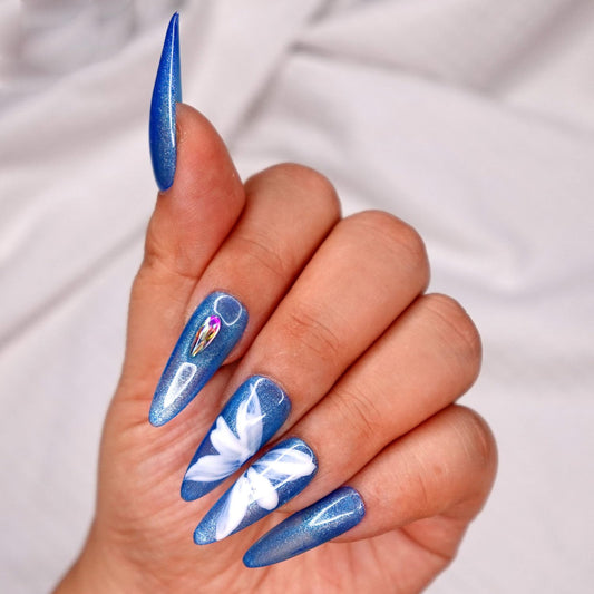 10 Pcs Handmade Press on Nails (X-Small, White Petal - Jelly Shimmer Blue with Hand Paint Artsy White Petal Butterfly and Holo Rhinestone Nail Tips/Stiletto) A113XS