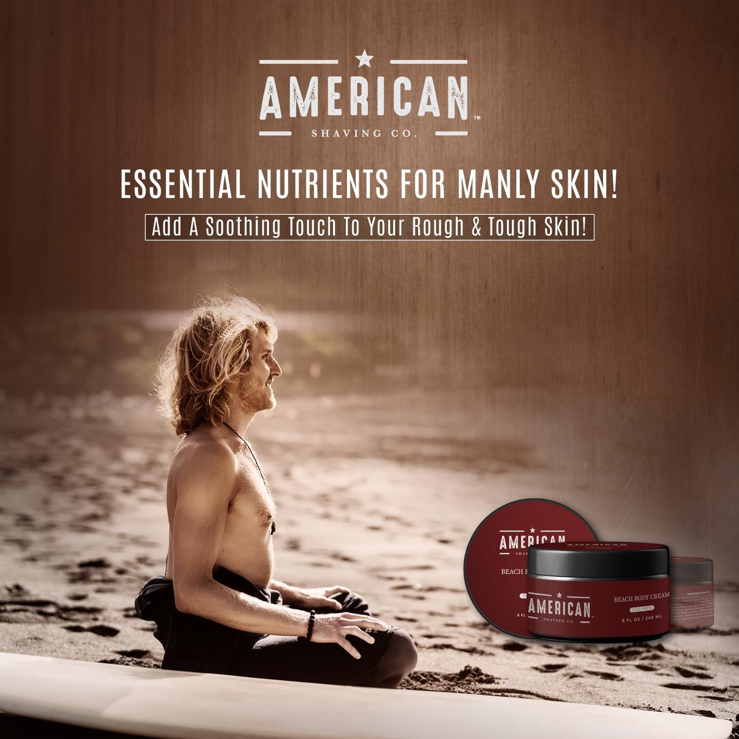 American Shaving Co. Beach Body Cream for Men, 8 Oz Bottle, Made in USA, Quick Absorption, Quality Potent Ingredients, Deep Penetration, Non-GMO, GMP Certified, Cruelty-Free Products