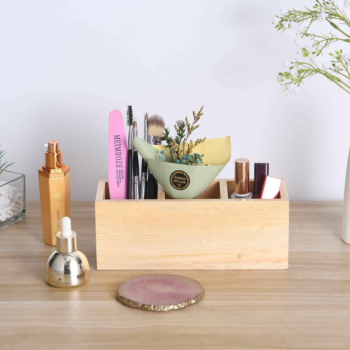 dedoot Wooden Pencil Holder Remote Holder, Unfinished 3 Compartment Wood Desk Organizers Drawer 3 Section, Rustic Remote Control Holder for Desk,School, Home and Office Supplies, 9x3x3.4 Inches