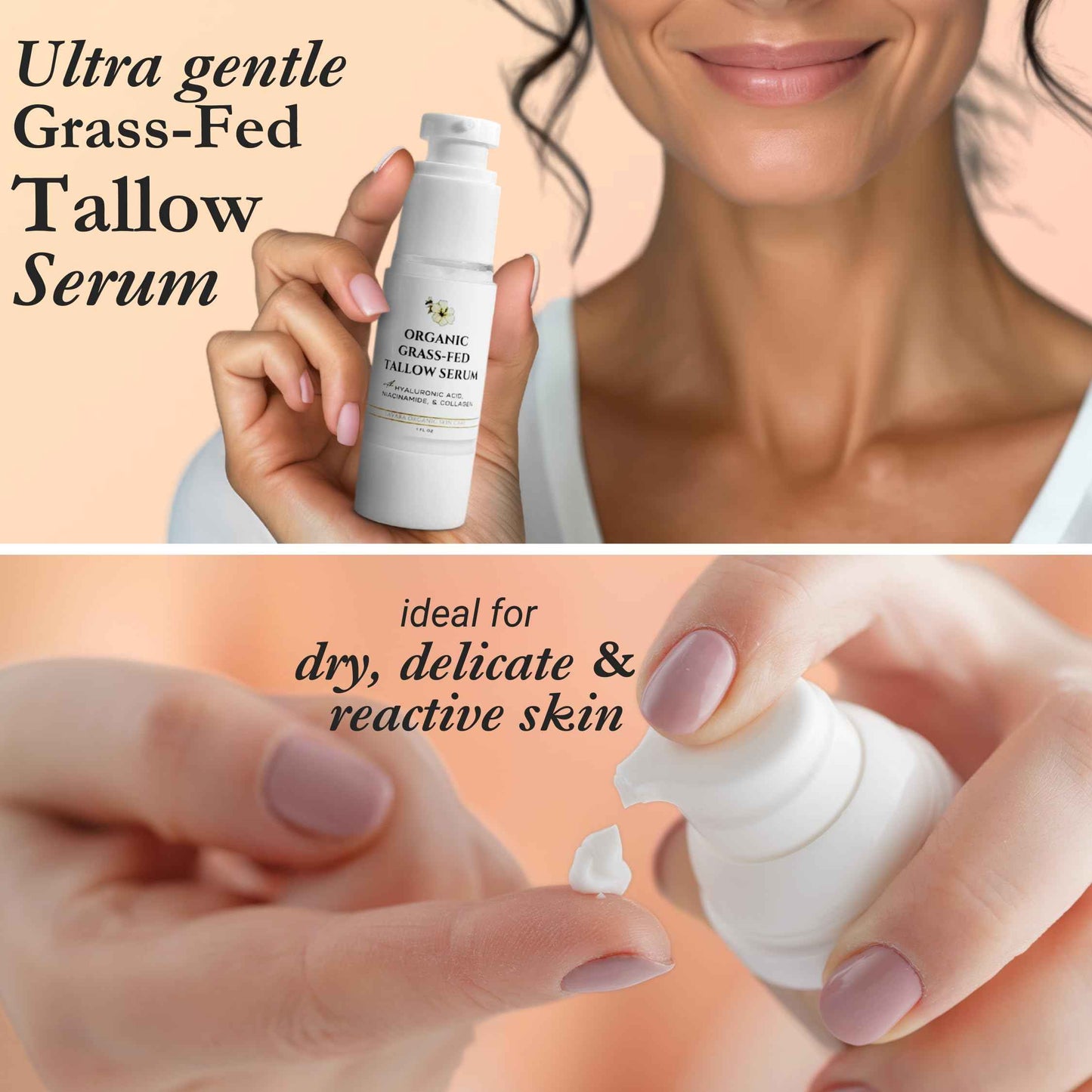 Eavara Beef Tallow Serum for Men & Women - Grass Fed All-Natural Tallow with Hyaluronic Acid, Collagen & Jojoba Oil - Firms & Reduces Wrinkles - Made in USA, Sensitive Skin Safe - 1.0 Fl Oz