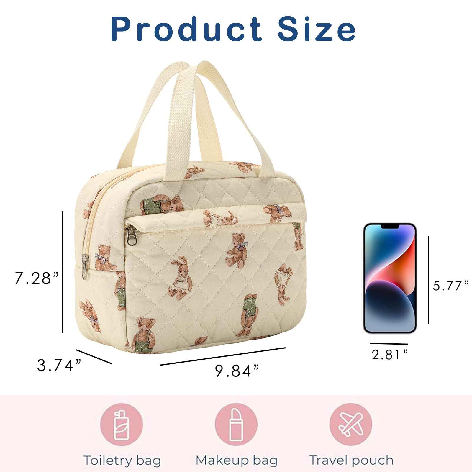 Large Size Quilted Coquette Makeup Bag, Cute Preppy Floral Cotton Travel Cosmetic Organizer Bag with Top Handle, Multi-Layer Travel Toiletry Pouch for Girls (04Bear)