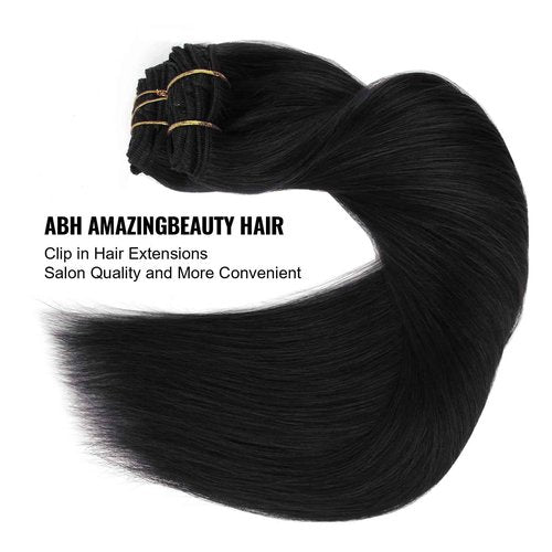 ABH AMAZINGBEAUTY HAIR Clip in Hair Extensions Real Human Hair Invisible Double Wefts 100% Real Remy Human Hair Clip in Extensions Silky Straight Jet Black 18 Clips 90G 16 Inch