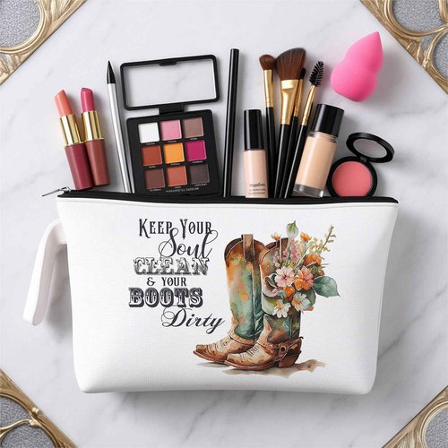 ARPTCN Western Cowboy Boots Makeup Bag - Cowboy Boots Themed Lover Gifts for Girls Mom Women, Canvas Makeup Bag, Western Gifts for Women
