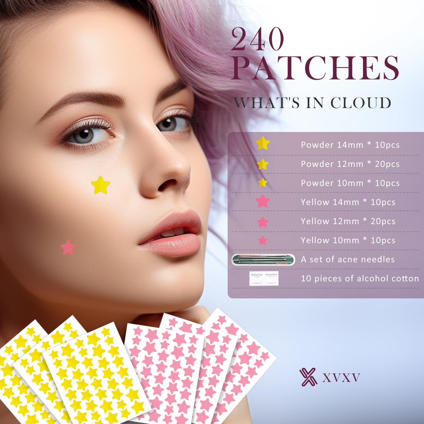 XVXV Star Pimple Patches for Face, Hydrocolloid Acne Patches, 3 Sizes 240 Count Pink and Yellow Cute Stars Spot Stickers, Colorful Pimple Patches