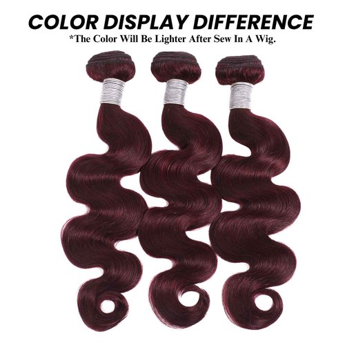 ALHER 99j Color Human Hair Bundles Body Wave, 12A Dark Burgundy Wine Red Colored Bundles Human Hair, 100% Unprocessed Virgin Remy Hair Soft Thick Single Wavy Bundle Sew In Double Weft 16 Inch