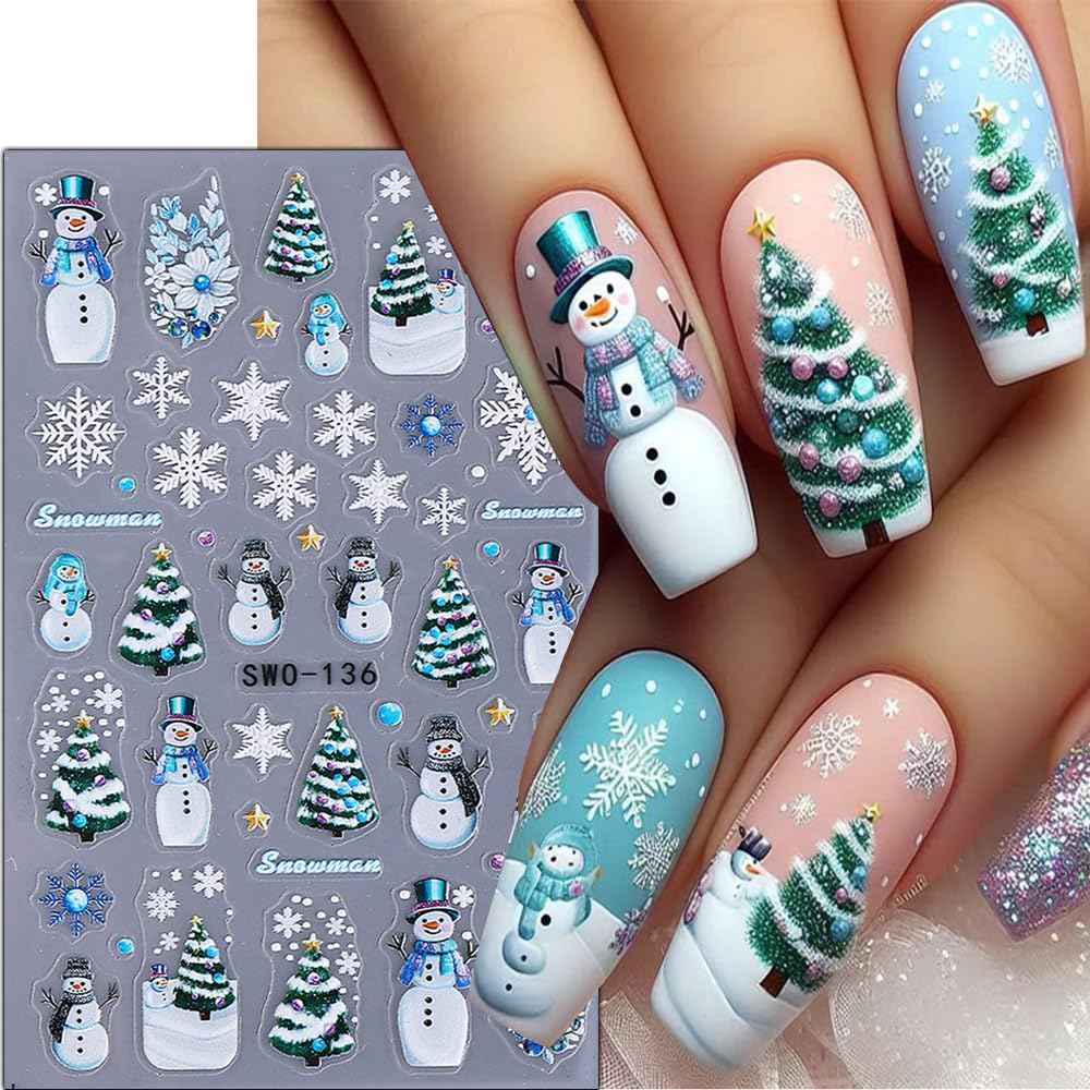 Christmas Nail Stickers 5D Embossed Christmas Tree Snowman Nail Art Stickers Snowflake Nail Decals Self-Adhesive Santa Claus Gingerbread Man Design Sticker Holiday Nail Art Decoration for Women 4Pcs