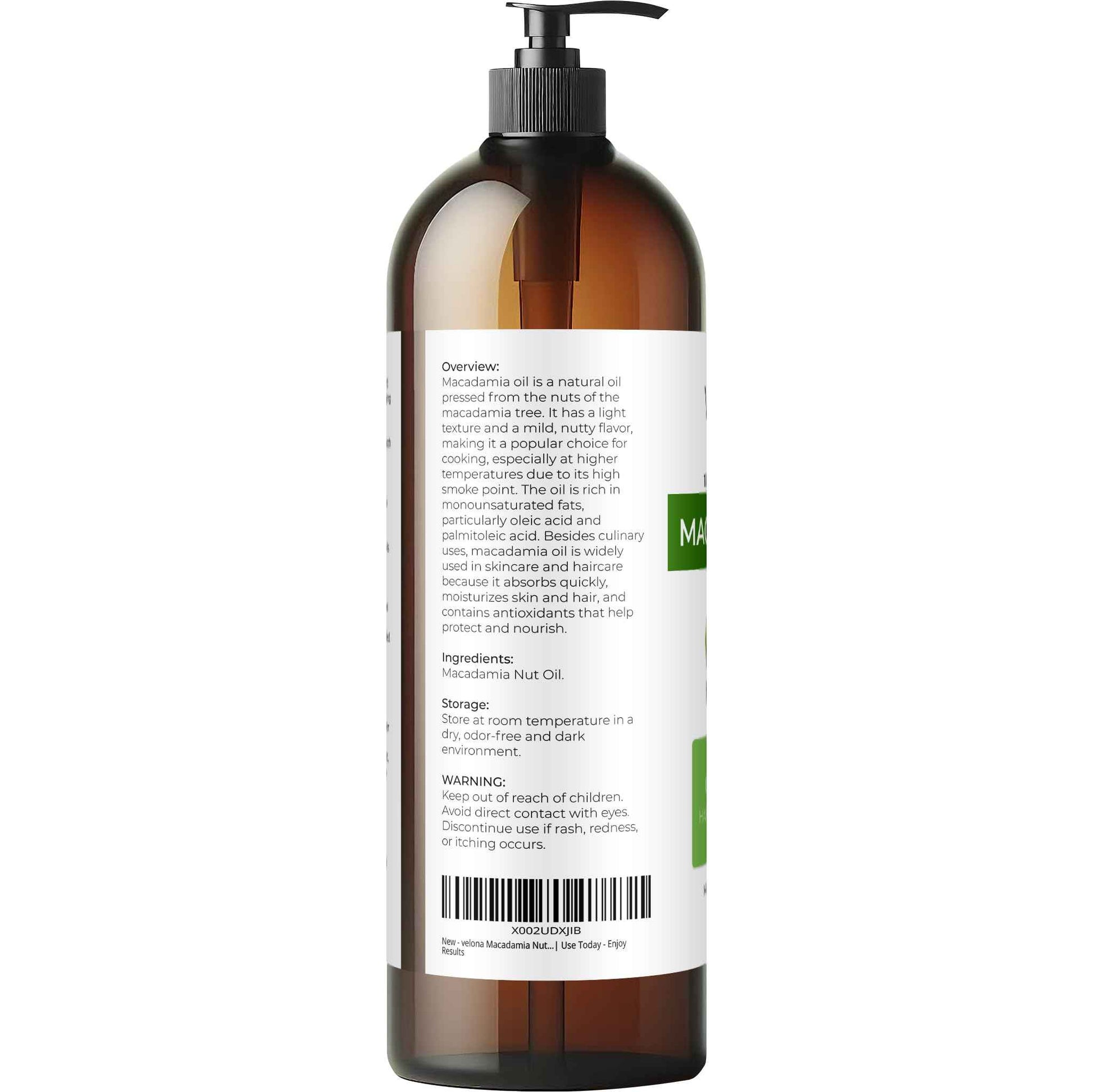 velona Macadamia Nut Oil 32 Fl Oz | 100% Pure and Natural Carrier Oil | Refined | Cooking, Skin, Hair, Body & Face Moisturizing | Use Today - Enjoy Results