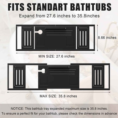 Bathtub Tray Caddy,Premium Bamboo Expandable Bath Tub Trays Table, Foldable Bathroom Accessories,Great House Warming, Anniversary and Birthday Gifts,Black
