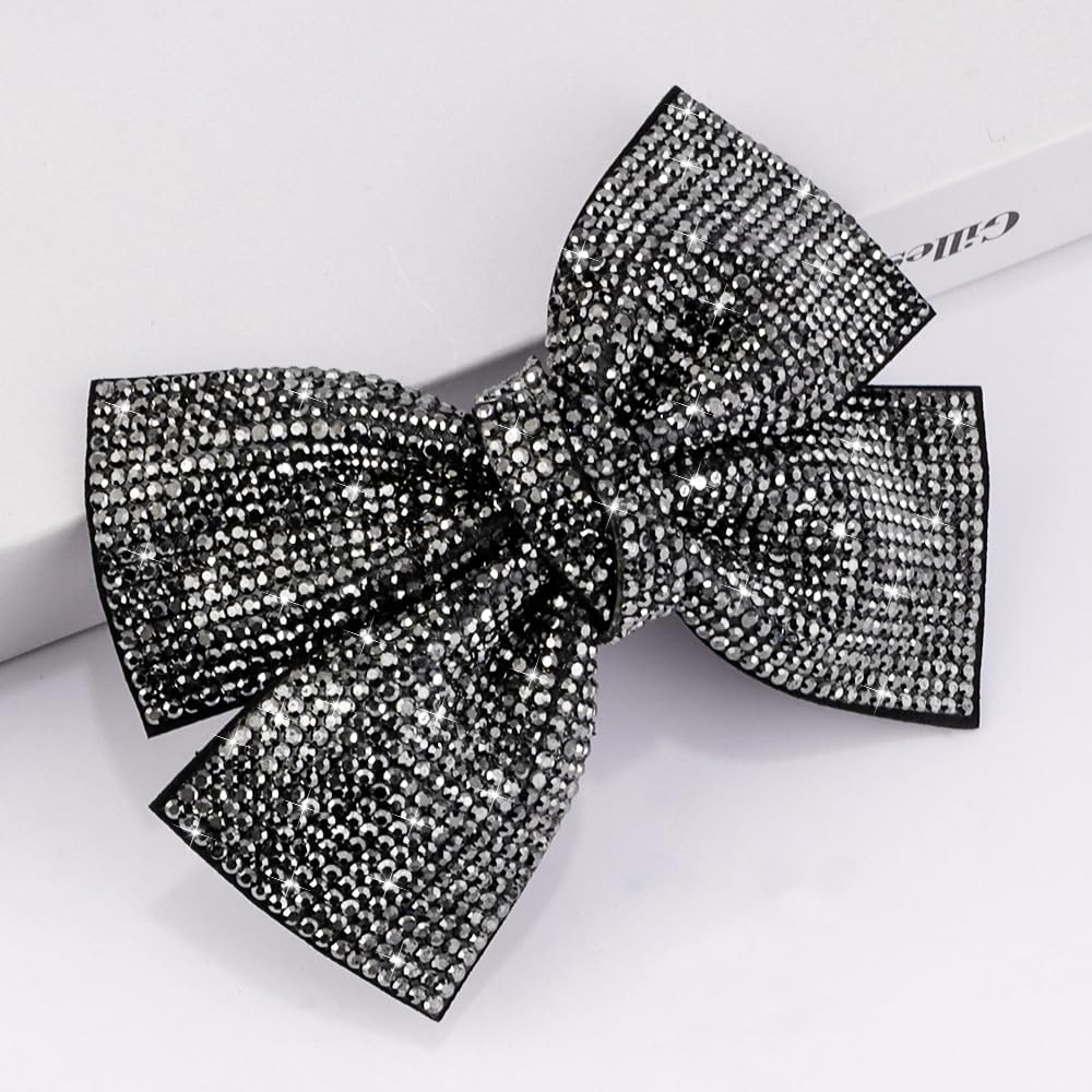 AHONEY Hair Clip - Black Rhinestone Hair Bow, 1 Count, Sparkly Hair Accessories for Women and Girls, Hair Bling Glitter Barrettes, Holiday Hair Clips for Christmas